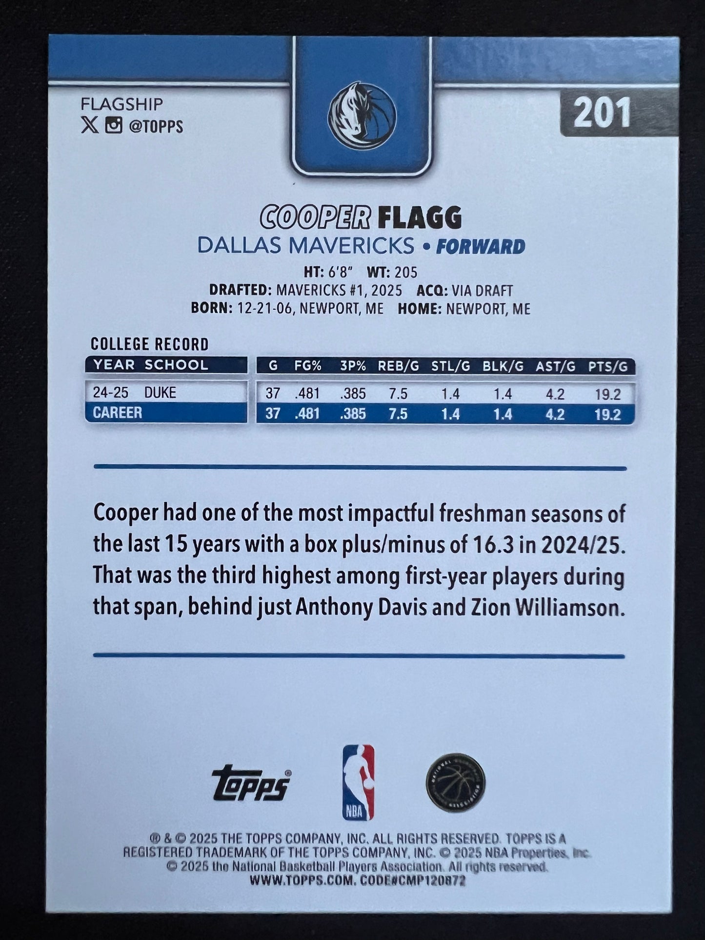 2025-26 Topps NBA Cooper Flagg 201 RC Basket Parallel SSP